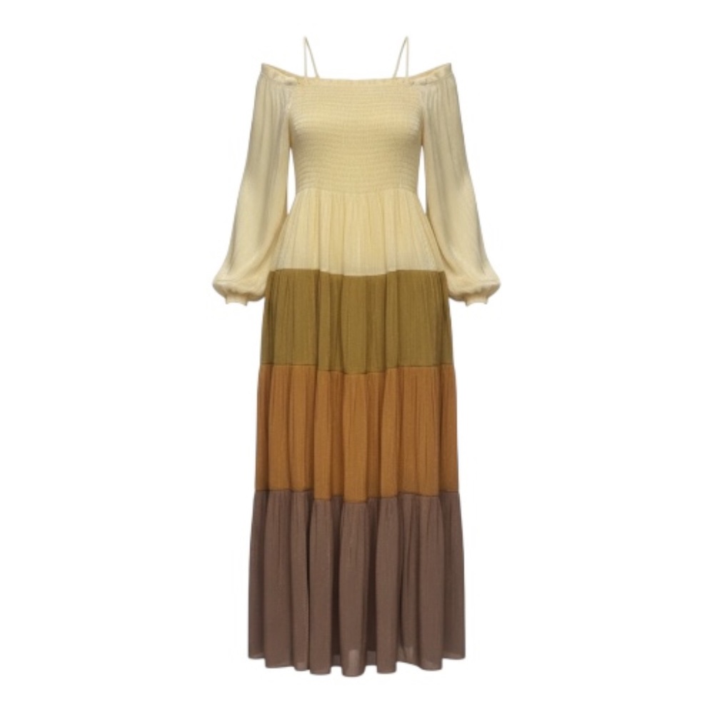 Boho Tiered Off-Shoulder Long Sleeve Maxi Dress - Ivory & Earth Tones - Picture 3 of 3